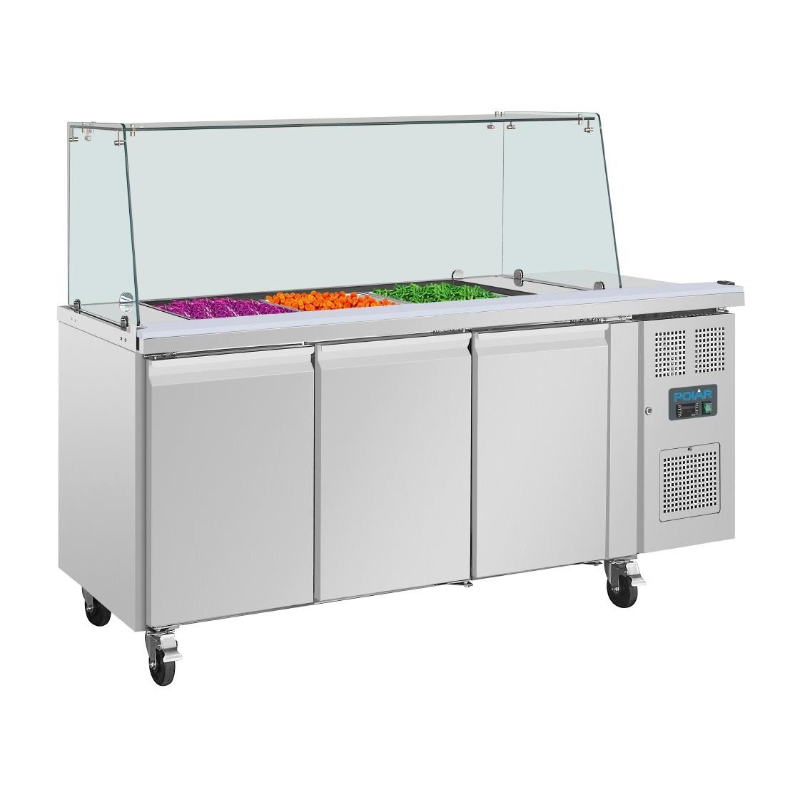 Polar U-Series GN Counter Saladette with Square Sneeze Guard - 3 Door