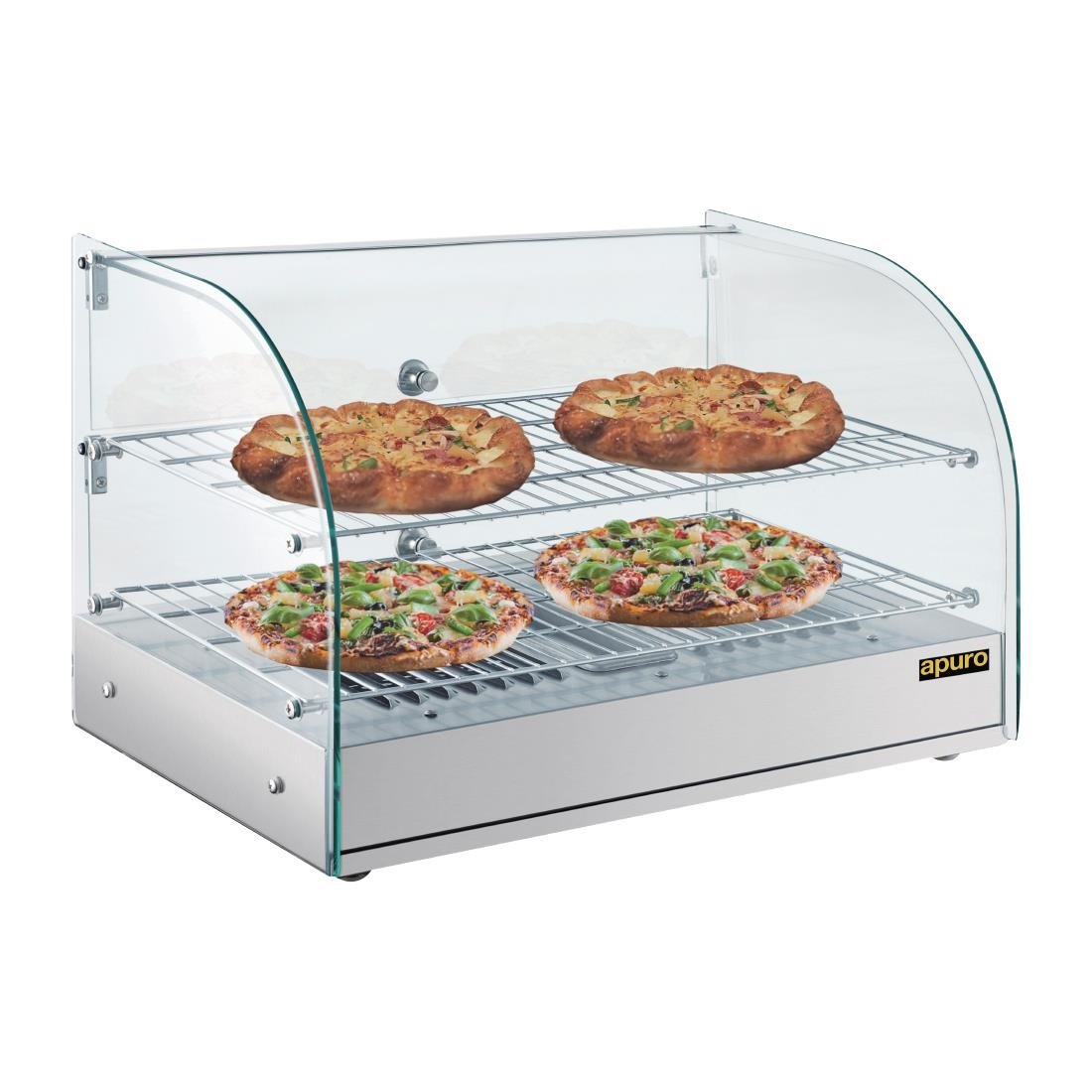 Apuro Pastry Heated Showcase Curved Glass w/Hinged Rear Doors 2 Shelves 45Ltr