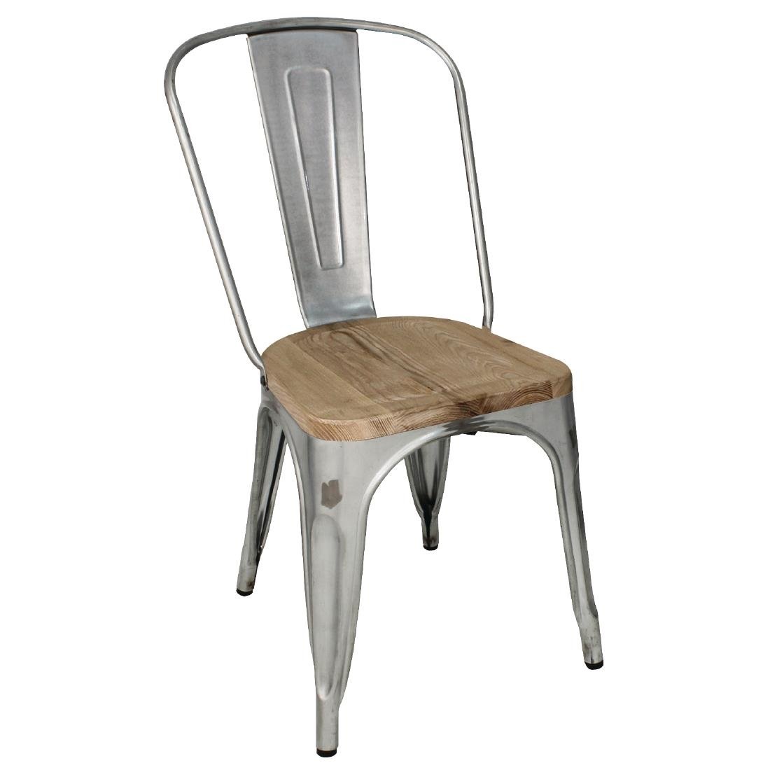 Bolero Steel Dining Sidechair with Wood Seatpad (Galvanised) (Pack 4)